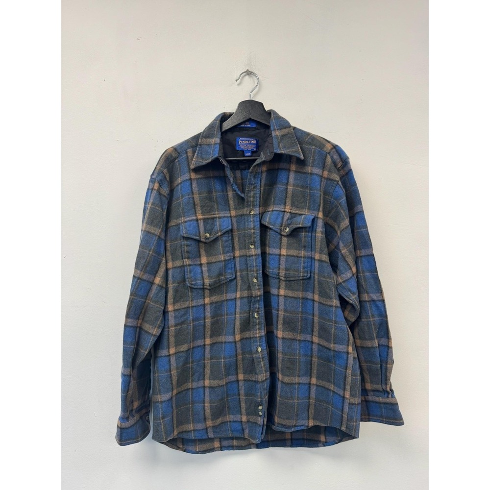 Pendleton Wool Shirt Jacket Mens Medium Blue Gray Plaid Button Front Flannel‎